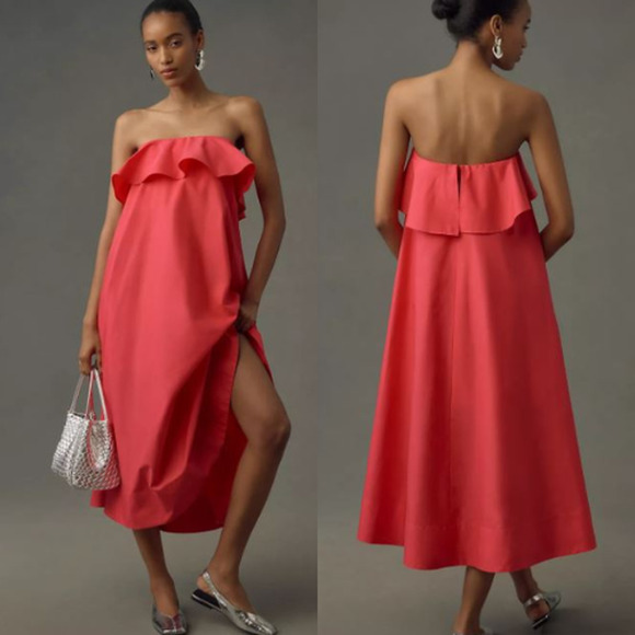 By Anthropologie Strapless Flounce A-Line Midi Dress Fuchsia Pink Women's Small - Picture 1 of 7